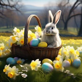 Easter bunny in an Easter basket with Easter eggs on a green meadow. Daffodils are blooming yellow. Easter generated with AI. Illustration