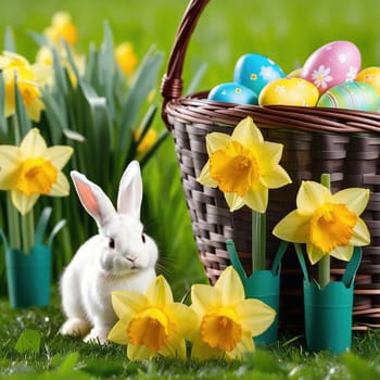 Easter bunny with Easter eggs on a green meadow. Daffodils are blooming yellow. Easter generated with AI. Illustration