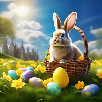Easter bunny in an Easter basket with Easter eggs on a green meadow. Daffodils are blooming yellow. Easter generated with AI. Illustration