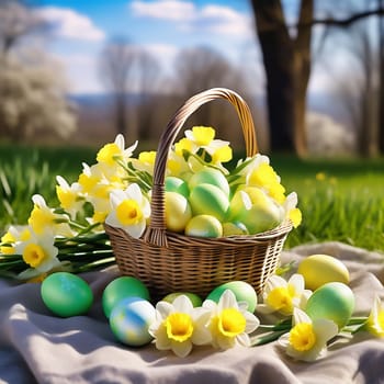 Easter basket with Easter eggs on a green meadow. Daffodils are blooming yellow. Easter generated with AI. Illustration