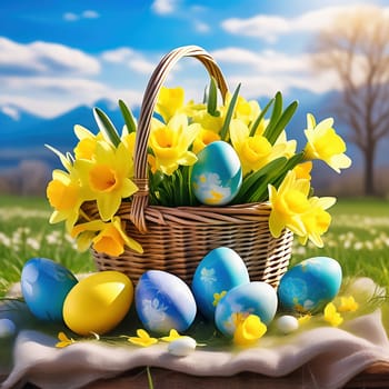Easter basket with Easter eggs on a green meadow. Daffodils are blooming yellow. Easter generated with AI. Illustration
