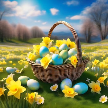 Easter basket with Easter eggs on a green meadow. Daffodils are blooming yellow. Easter generated with AI. Illustration
