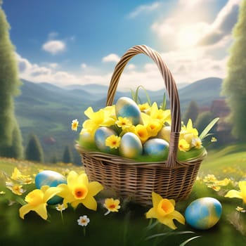 Easter basket with Easter eggs on a green meadow. Daffodils are blooming yellow. Easter generated with AI. Illustration