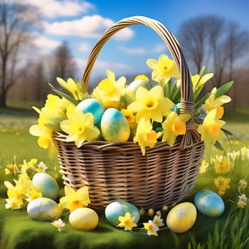 Easter basket with Easter eggs on a green meadow. Daffodils are blooming yellow. Easter generated with AI. Illustration