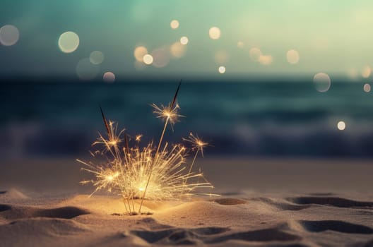 Sparkle sticks on coastal sundown seashore. Radiant luminous shimmering stick in twilight ambiance. Generate ai