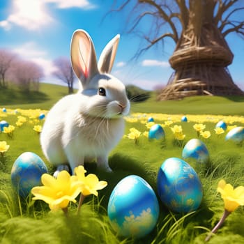 Easter bunny with Easter eggs on a green meadow. Daffodils are blooming yellow. Easter generated with AI. Illustration