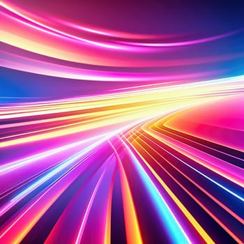 3d render. Abstract panoramic background of twisted dynamic neon lines, in wave form, glows in the dark space. Virtual fluorescent ribbon loop.