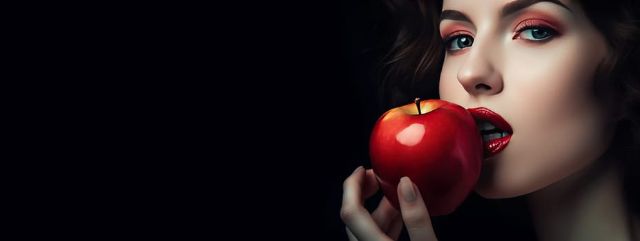 Woman with red lips eating a red apple banner. Sensual woman face bites fresh raw apple. Generate ai