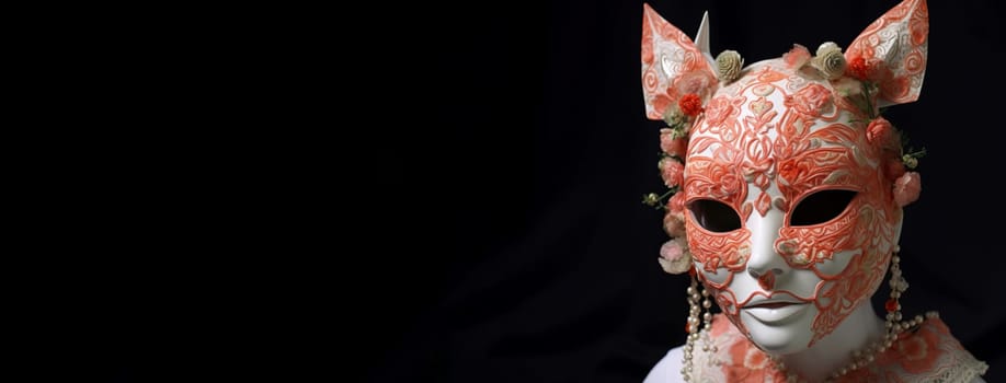 Embroidered rose coral figure kitsune masked female banner. Masked woman carnival with embroidered details face cover. Generate ai