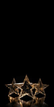 Three shining stars on black background banner. Glowing festive star shaped illumination. Generate ai
