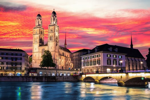 Grossm nster Romanesque-style Protestant church at sunrise, Z rich, Switzerland.