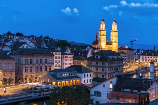 Skyline view on the Grossm nster Romanesque-style Protestant church, Z rich, Switzerland.