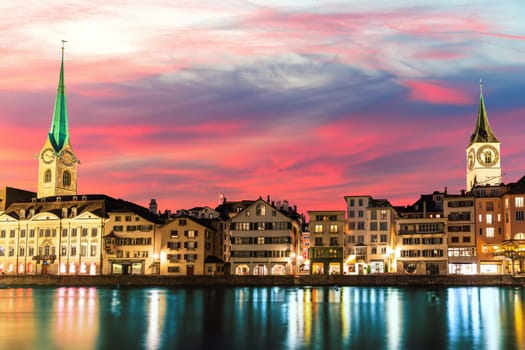 Sunset promenade near St. Peter's church and Fraumunster abbey, Zurich, Switzerland.