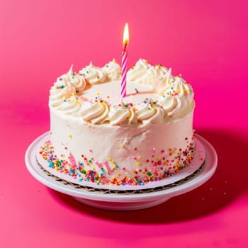 A delicious birthday cake with colorful sprinkles and a lit candle on a vibrant pink background
