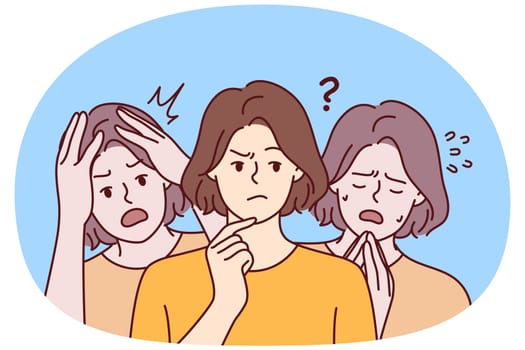 Young thoughtful woman near girls experiencing shock after psychological upheavals. Lady in casual t-shirt touches chin trying to hide fear and depression. Flat vector illustration