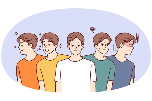 Identical men with positive and negative emotions look in different directions for concept of frequent mood swings. Young guys in colorful casual t-shirts smile or frown. Flat vector illustration