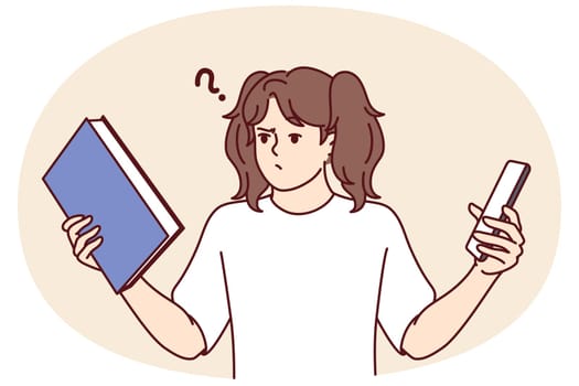 Teen girl choose between book and phone to read favorite art story. Schoolgirl looks at textbook in embarrassment due to procrastination and desire to play smartphone games. Flat vector illustration