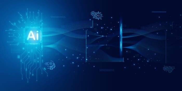 Artificial intelligence Ai self learning improving development problem solving solution tasks of future technology, ai graphics computer chip brain memory power, futuristic blue abstract background.