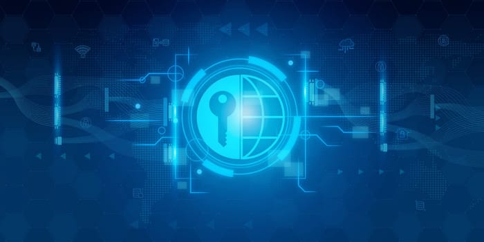 Futuristic blue shield ethics and Security abstract technology background. Artificial intelligence digital transformation and Business quantum internet network communication and Antivirus.