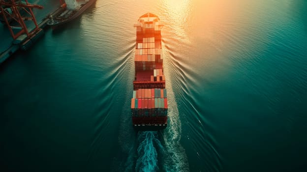 Aerial view of a fully loaded cargo ship leaving the port. AI generated