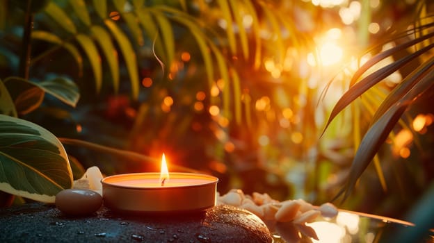 Spa concept with burning candle in tropical rainforest. Therapy aromatherapy for care body with candles for relax wellness. AI generated
