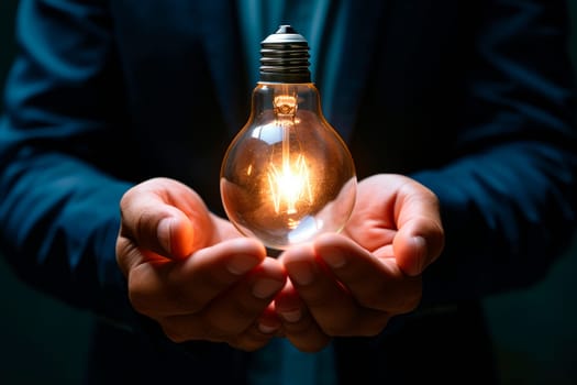 Light bulb in the hands of the businessman. The concept of the business idea. AI generated