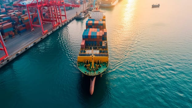 Aerial image of industrial container cargo vessel leaving logistics unloading import export container terminal. AI generated