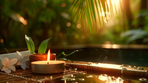 Spa concept with burning candle in tropical rainforest. Therapy aromatherapy for care body with candles for relax wellness. AI generated