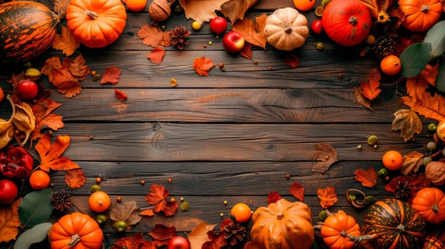 Rustic wooden background with vibrant autumn harvest accents. Copy space, flat lay, top view. AI generated