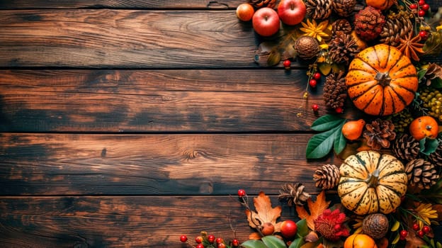 Thanksgiving theme. Autumn symbols on rustic wooden table. Copy space, flat lay, top view. AI generated