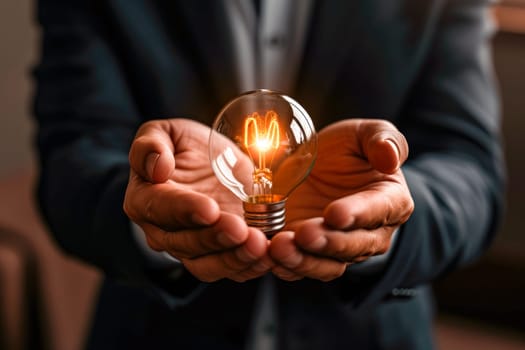Business man holding light bulb.Business and Innovative idea concept design. AI generated
