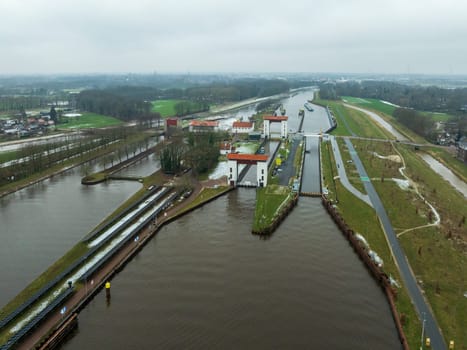 Aerial view of Eefde weir complex in the Netherlands. Here meets the Twente Canal the IJssel river.