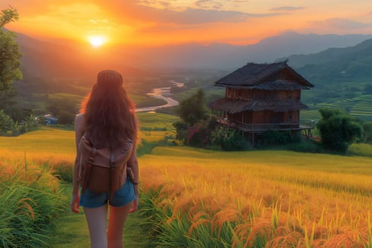 Sustainable tourism reduce global warming and save costs, Sustainable tourism reduces global warming and saves money, Female tourist walks into a homestay nestled in the middle of beautiful nature, Female tourists are entering homestays set amidst beautiful nature, Energy saving accommodations, Accommodations that reduce global warming, and accommodations that do not harm nature and the environment, Generate Ai