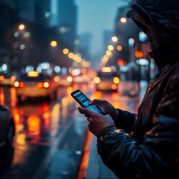 Male tourist hand stands and uses a smartphone on the side of the road with cars, buildings, a soft blur background to search for hotel, Generate Ai