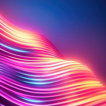 3d render. Abstract panoramic background of twisted dynamic neon lines, in wave form, glows in the dark space. Virtual fluorescent ribbon loop.