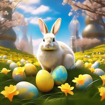 Easter bunny with Easter eggs on a green meadow. Daffodils are blooming yellow. Easter generated with AI. Illustration