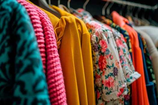 Close-up view of assorted clothes on hangers in a boutique displaying various patterns and textures. AI generated
