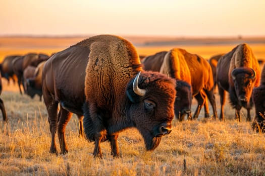 Herd of  bison. Group of buffalo grazing on the green meadow. Prairie landscape. AI generated