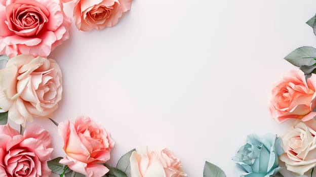 Floral corner arrangements with  roses and a leaves isolated on white background. Copy space. AI generated