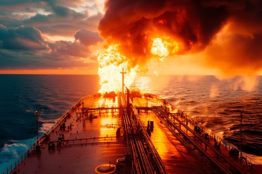 Fire on a cargo ship. A ship carrying crude oil is engulfed in flames. Explosion and fire on oil carrier on the high seas. AI generated