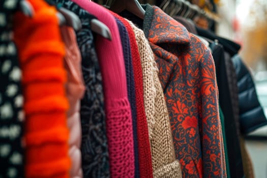 Shopping concept - women clothes on hangers. AI generated