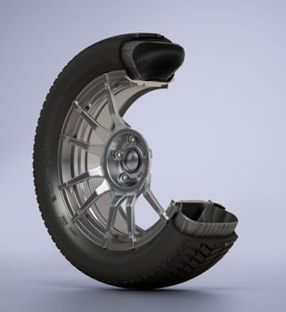 Illustration showing inner structure of car tyre and wheel on gray background. 3D illustration.