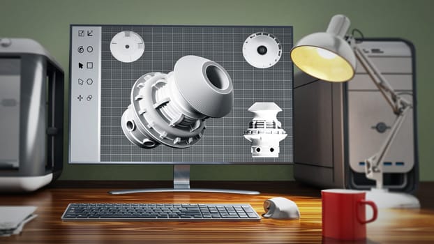 Desktop computer standing on the table. 3D illustration.