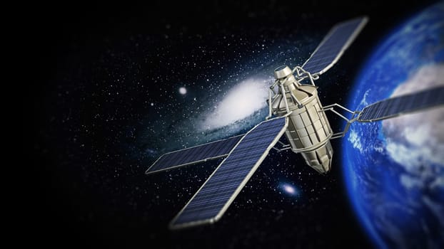 Communication satellite in Earth's orbit. 3D illustration.