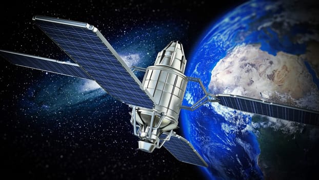 Communication satellite in Earth's orbit. 3D illustration.