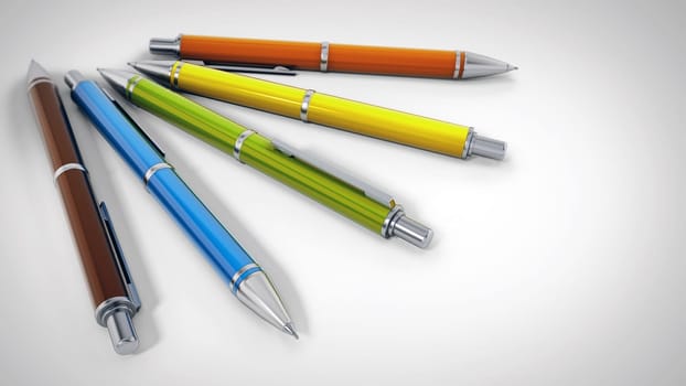 Group of ballpoint pens standing on white background. 3D illustration.