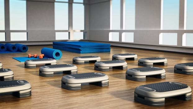 Step boards arranged inside the gym or fitness center. 3D illustration.