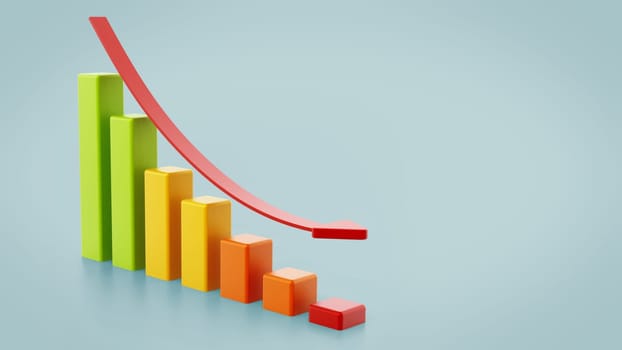 Stat bars and falling arrow showing a downward trend. 3D illustration.