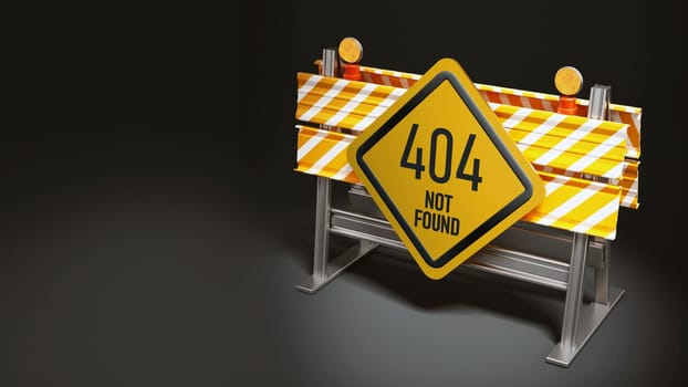 Roadblock with 404 not found signboard. 3D illustration.