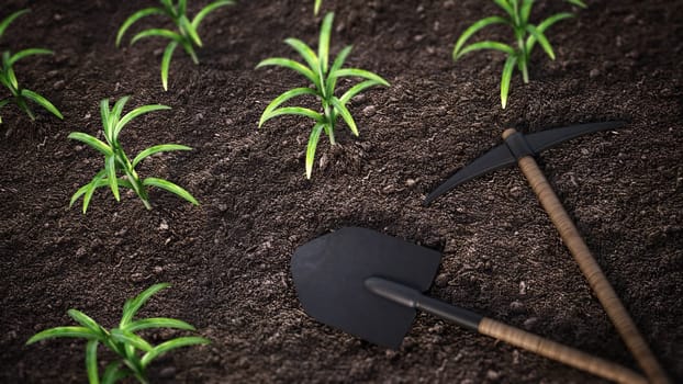 Shovel and pick axe standing on the earth. 3D illustration.
